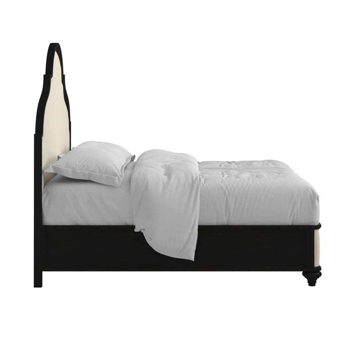 Atrium Upholstered King Bed — hand rubbed black with undertones of brown