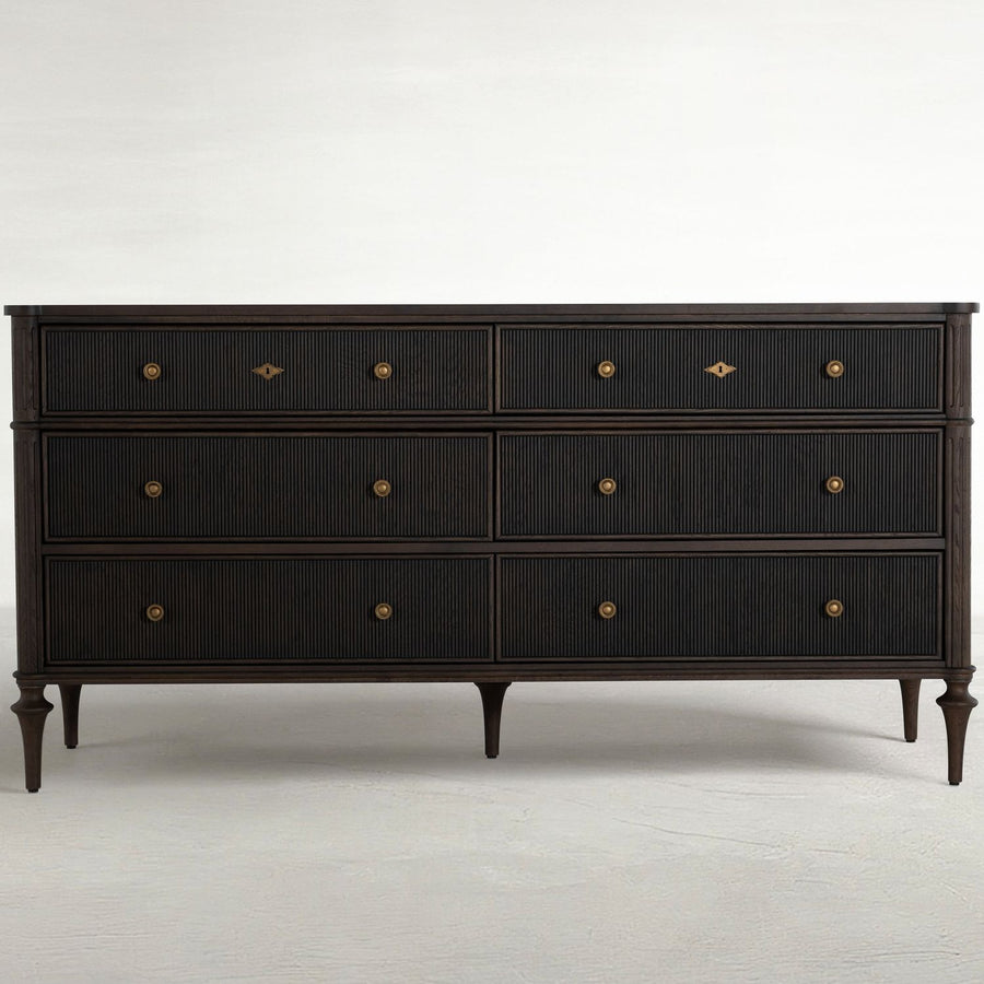 Andrea Oak Wood Dresser - 6 Drawers, Dark Stained Oak