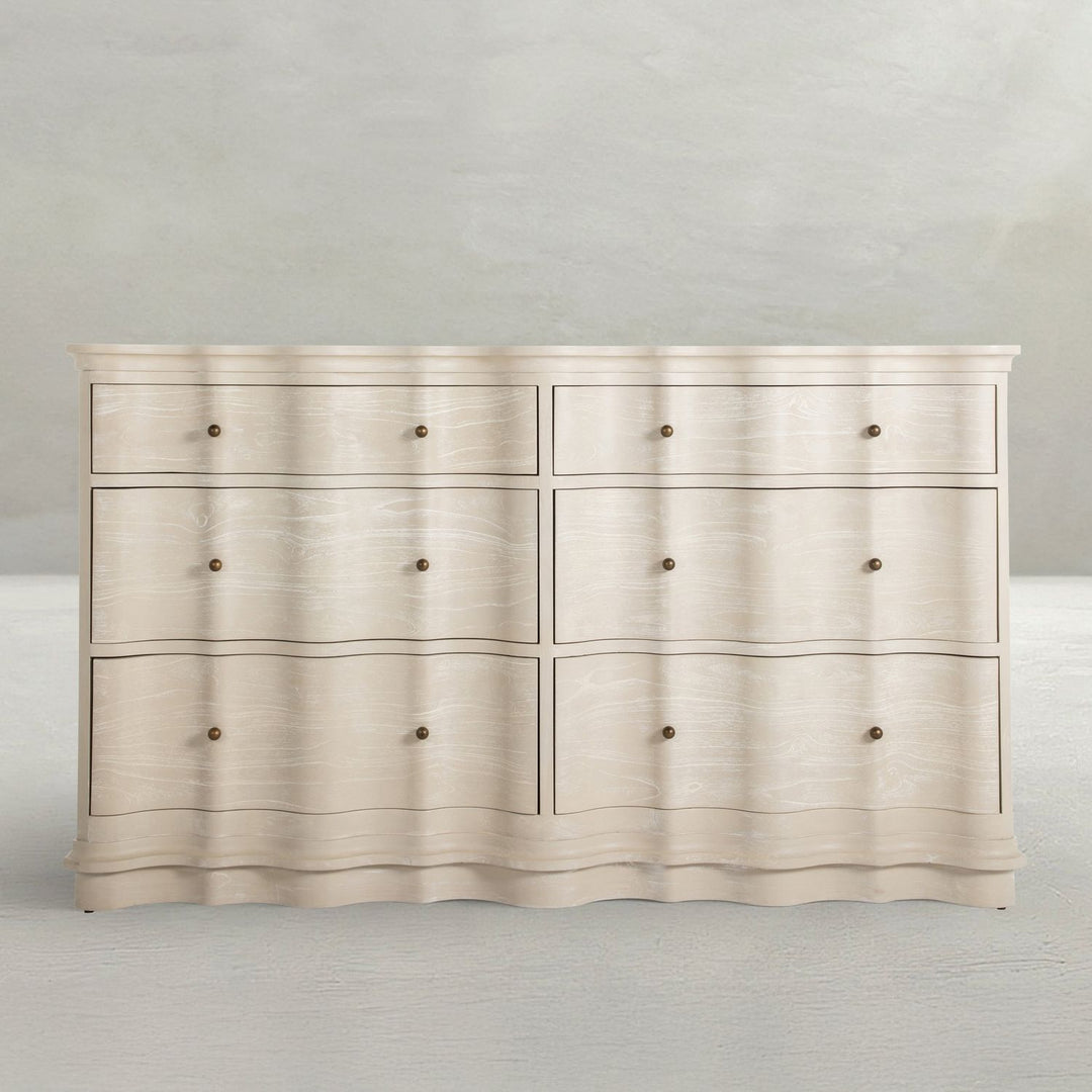 Meredith Mindi Wood Wavy Dresser - 6 Drawers, Textured Cerused White