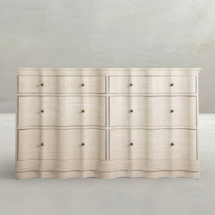 Meredith Mindi Wood Wavy Dresser - 6 Drawers, Textured Cerused White