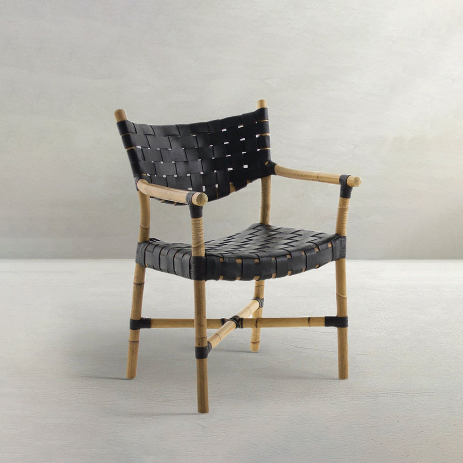 Morrison Natural Rattan Leather Open Weave Arm Chair - Black