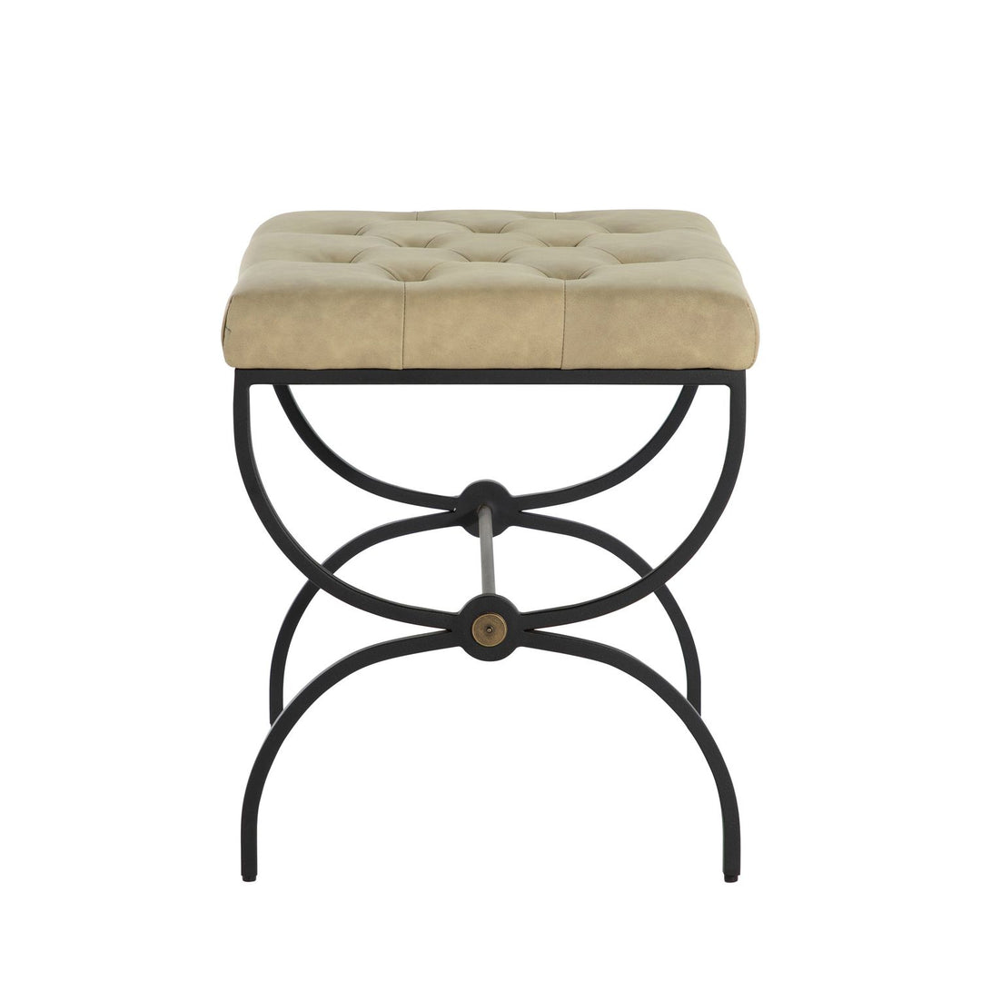 Galvin Leather Iron Ottoman - Light Gray Textured Black Brushed Brass
