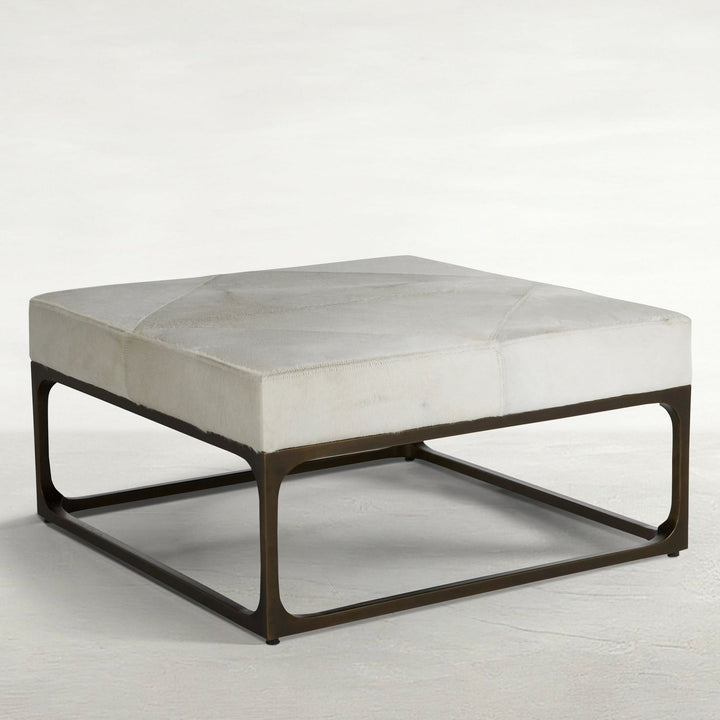 Melanie Hair-on-Hide Leather Steel Ottoman - Black Ivory