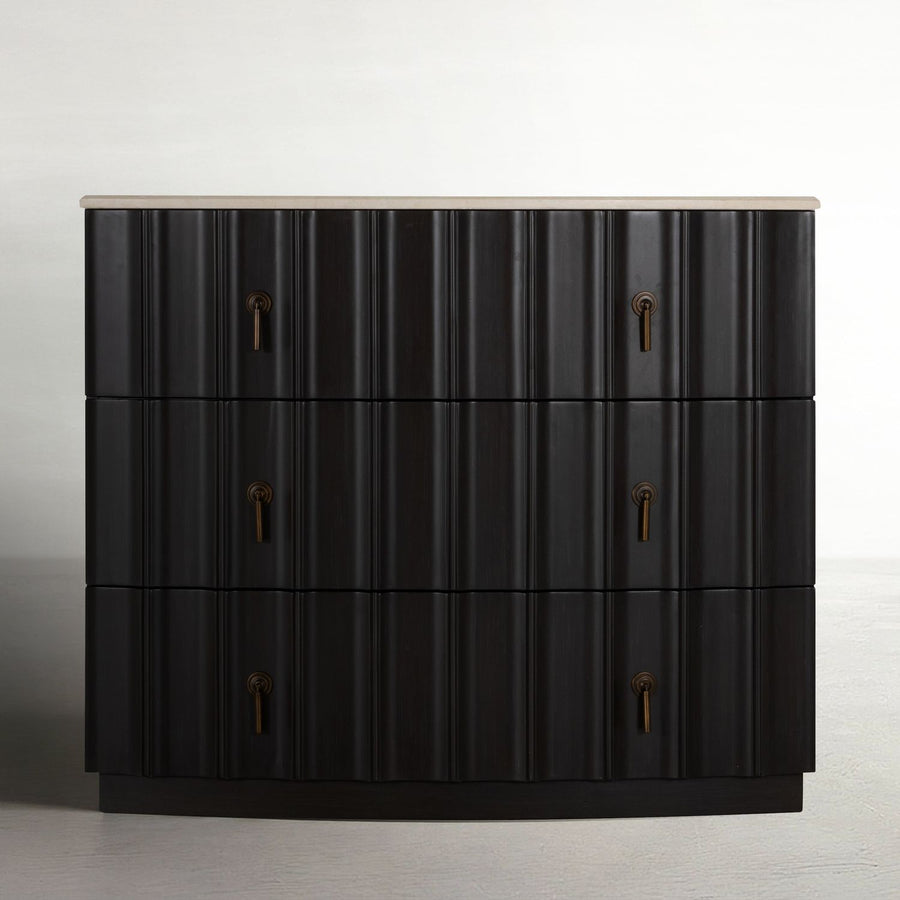 Sergio Wood Marble Top Chest - 3 Drawers, Sesame Black