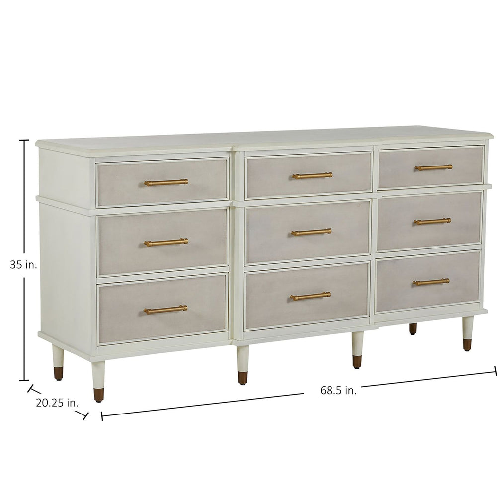 Leona Mahogany Wood Dresser - 9 Drawers, Natural Linen Parchment White