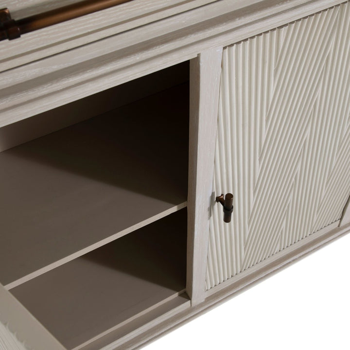 Isaac Mindi Oak Wood Ribbed Cabinet - 2 Shelves, Cerused White Sesame