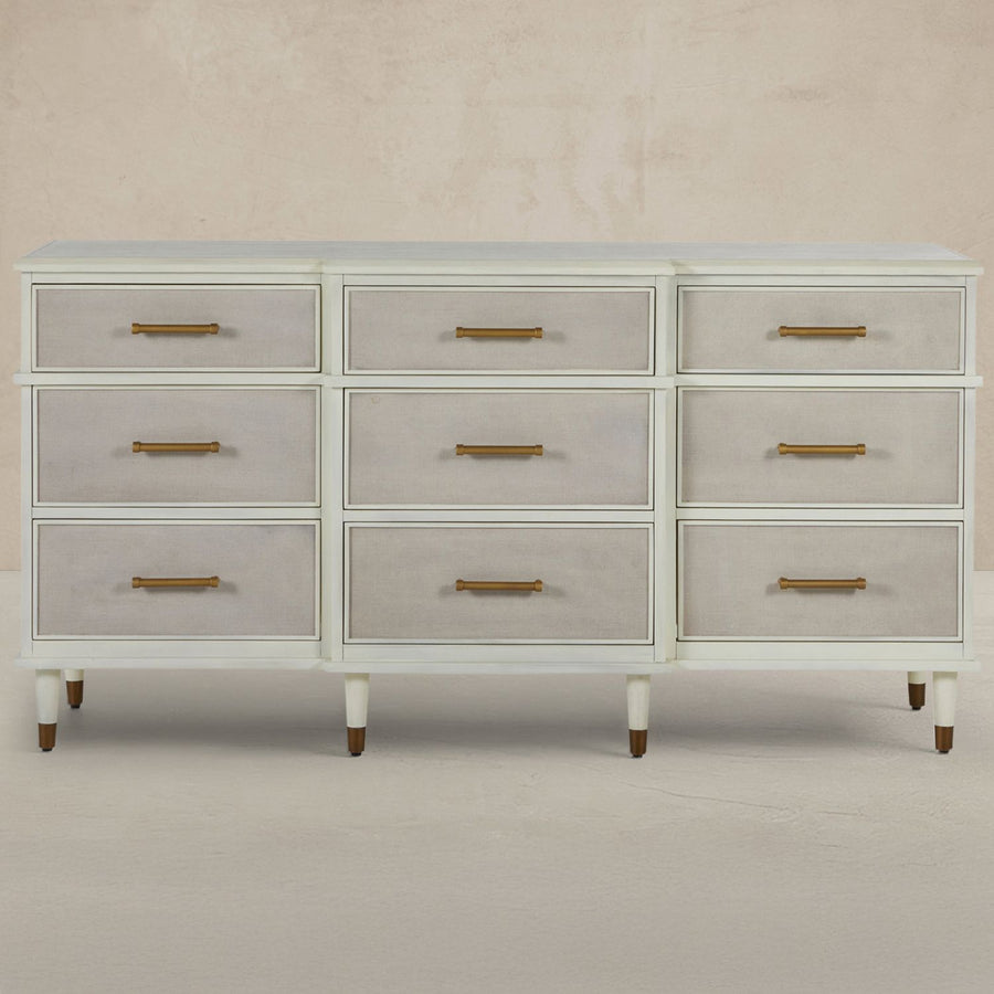 Leona Mahogany Wood Dresser - 9 Drawers, Natural Linen Parchment White