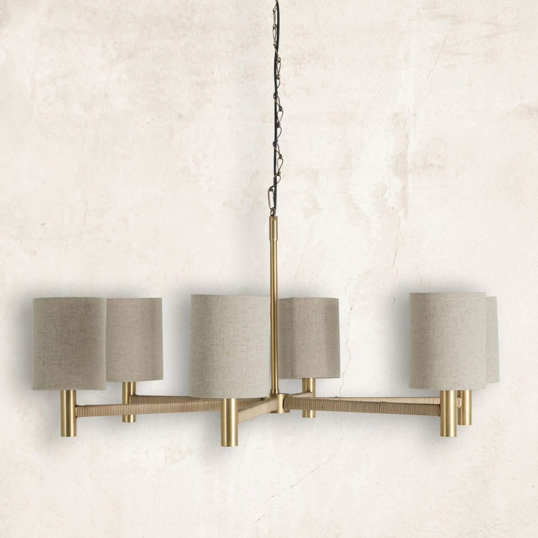 Shorelight Satin Brass Rattan Chandelier - 39.25 In. D X 17.75 In. H