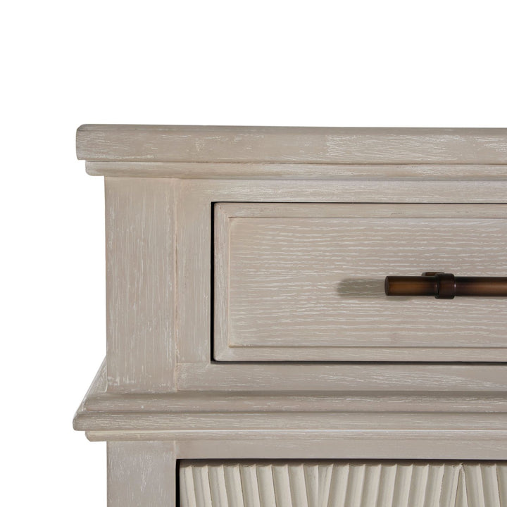 Isaac Mindi Oak Wood Ribbed Cabinet - 2 Shelves, Cerused White Sesame