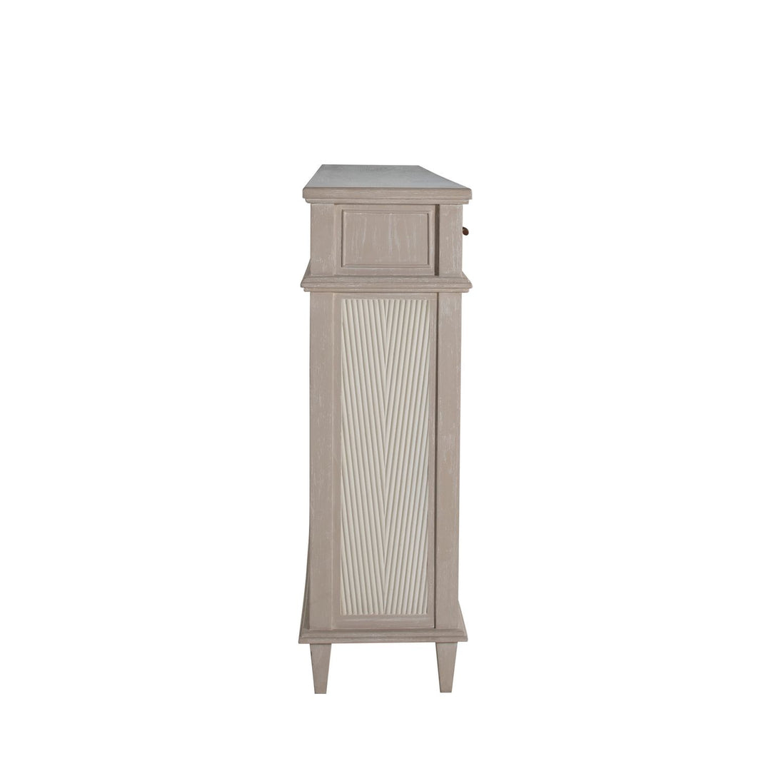 Isaac Mindi Oak Wood Ribbed Cabinet - 2 Shelves, Cerused White Sesame