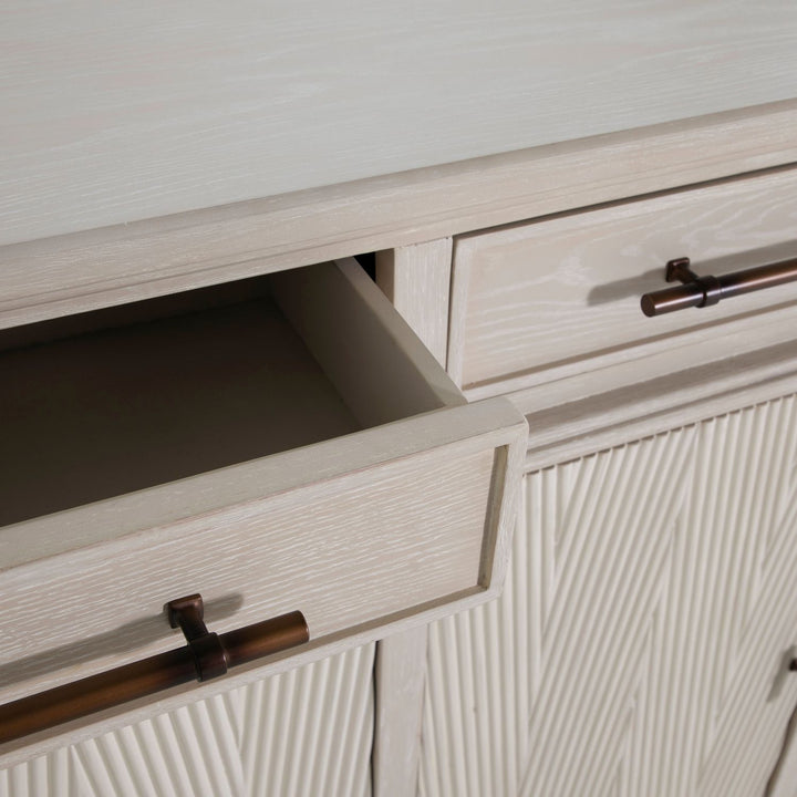 Isaac Mindi Oak Wood Ribbed Cabinet - 2 Shelves, Cerused White Sesame