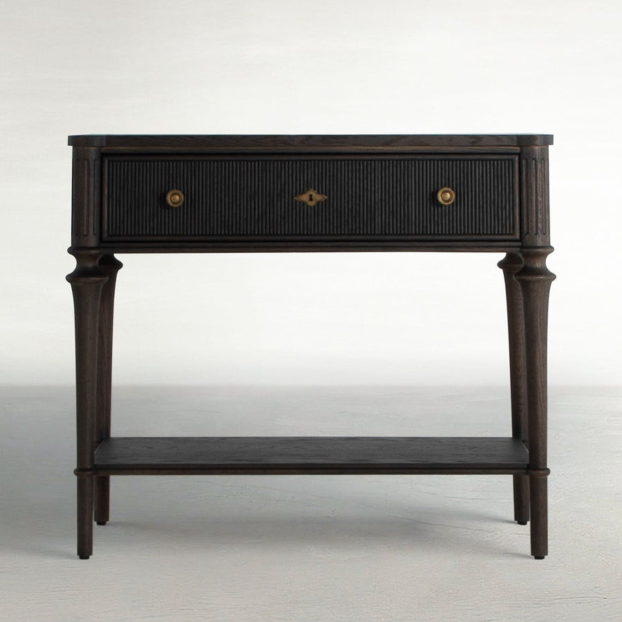 Andrea Oak Wood Nightstand - 1 Drawer, Antique Brass