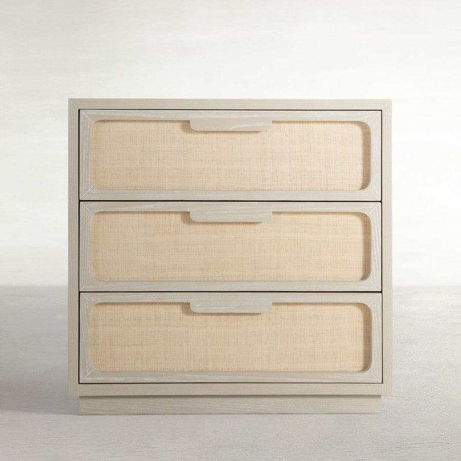 Serini Wood Seagrass Transitional Nightstand - 3 Drawers, Ceruse White