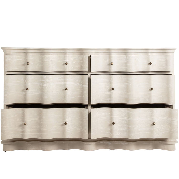 Meredith Mindi Wood Wavy Dresser - 6 Drawers, Textured Cerused White