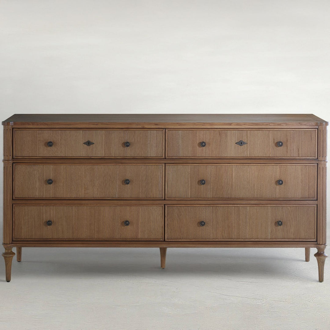 Andrea Oak Ribbed Dresser - 6 Drawers, Antique Bronze
