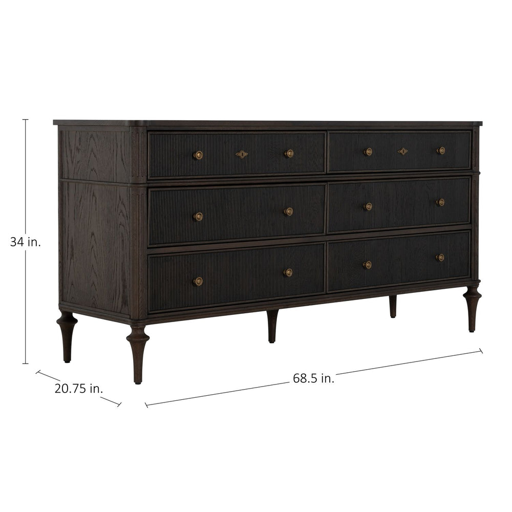 Andrea Oak Wood Dresser - 6 Drawers, Dark Stained Oak