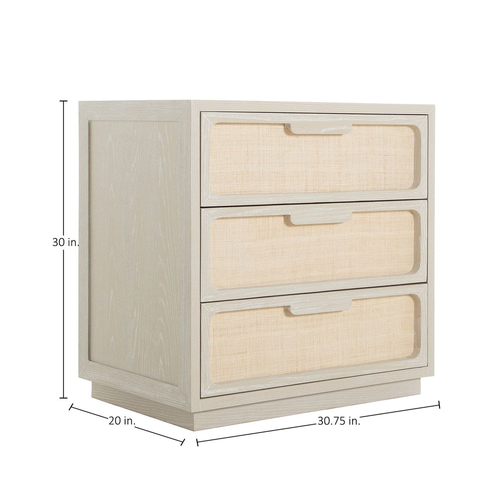 Serini Wood Seagrass Transitional Nightstand - 3 Drawers, Ceruse White