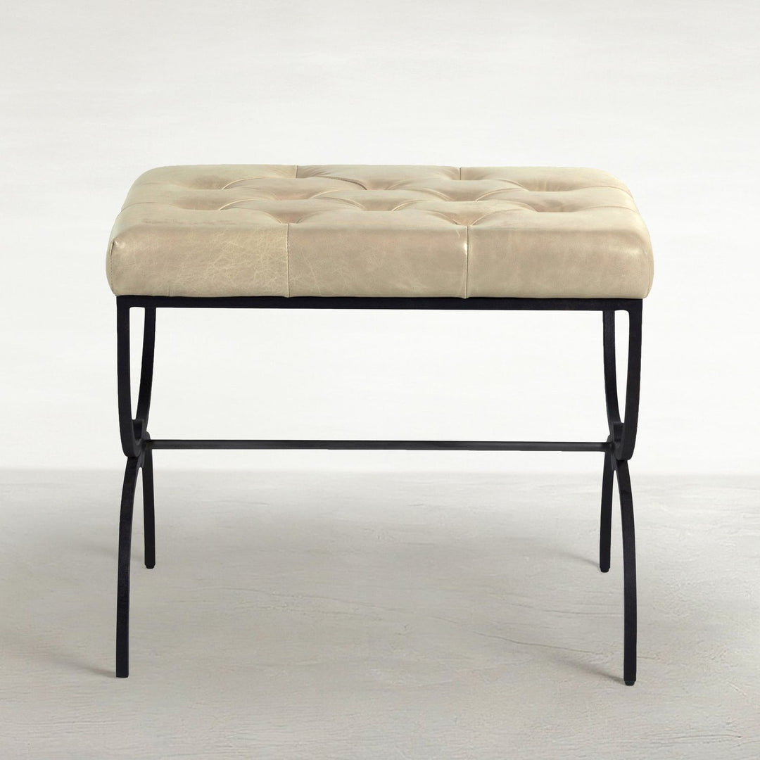 Galvin Leather Iron Ottoman - Light Gray Textured Black Brushed Brass