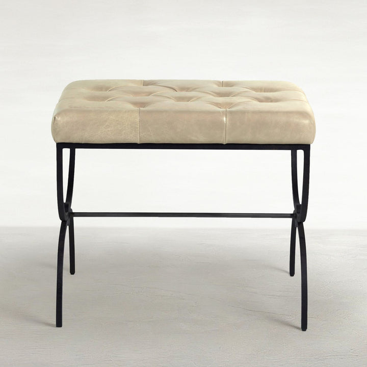 Galvin Leather Iron Ottoman - Light Gray Textured Black Brushed Brass