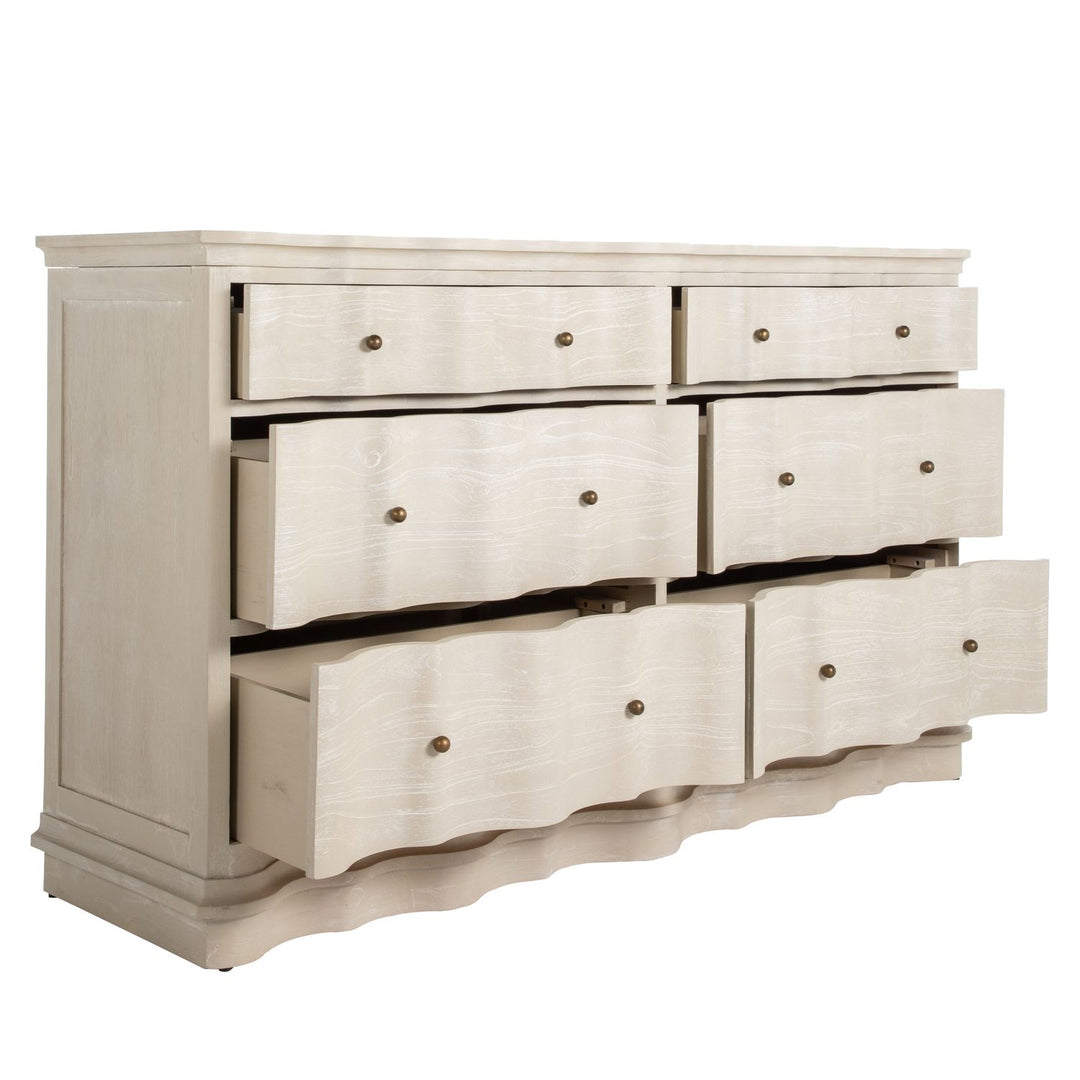 Meredith Mindi Wood Wavy Dresser - 6 Drawers, Textured Cerused White