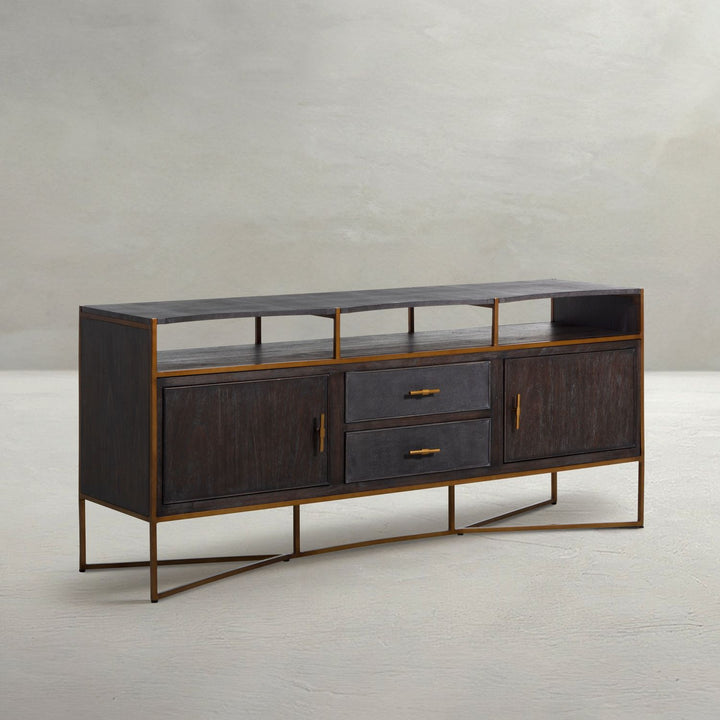 Jameson Iron Mahogany Media Cabinet - 2 Drawers, Natural Black Faux Shagreen Sideboard
