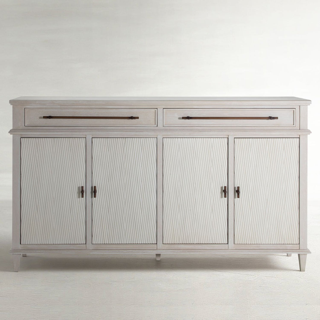 Isaac Mindi Oak Wood Ribbed Cabinet - 2 Shelves, Cerused White Sesame