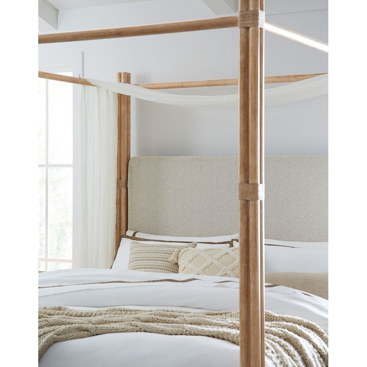 Retreat Pole Rattan Cal King Upholstered Poster Bed with Canopy - Light Wood