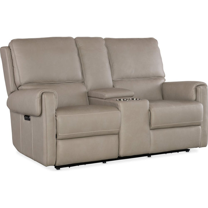 Sofas: Recliners Bishop Console Loveseat with Power Recline & Power Headrest - Dark Taupe Leather
