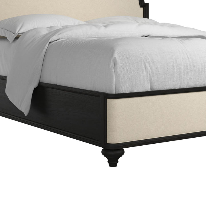 Atrium Upholstered King Bed — hand rubbed black with undertones of brown