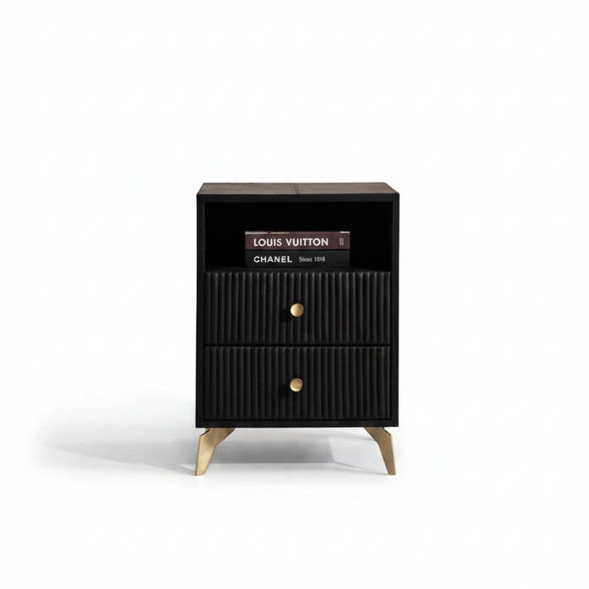 black leather ribbed nightstand with 2 drawers