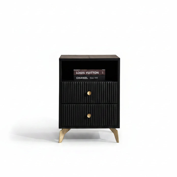 black leather ribbed nightstand with 2 drawers