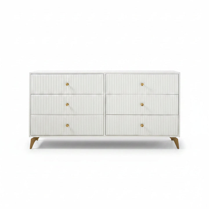 White leather ribbed dresser with brass accents