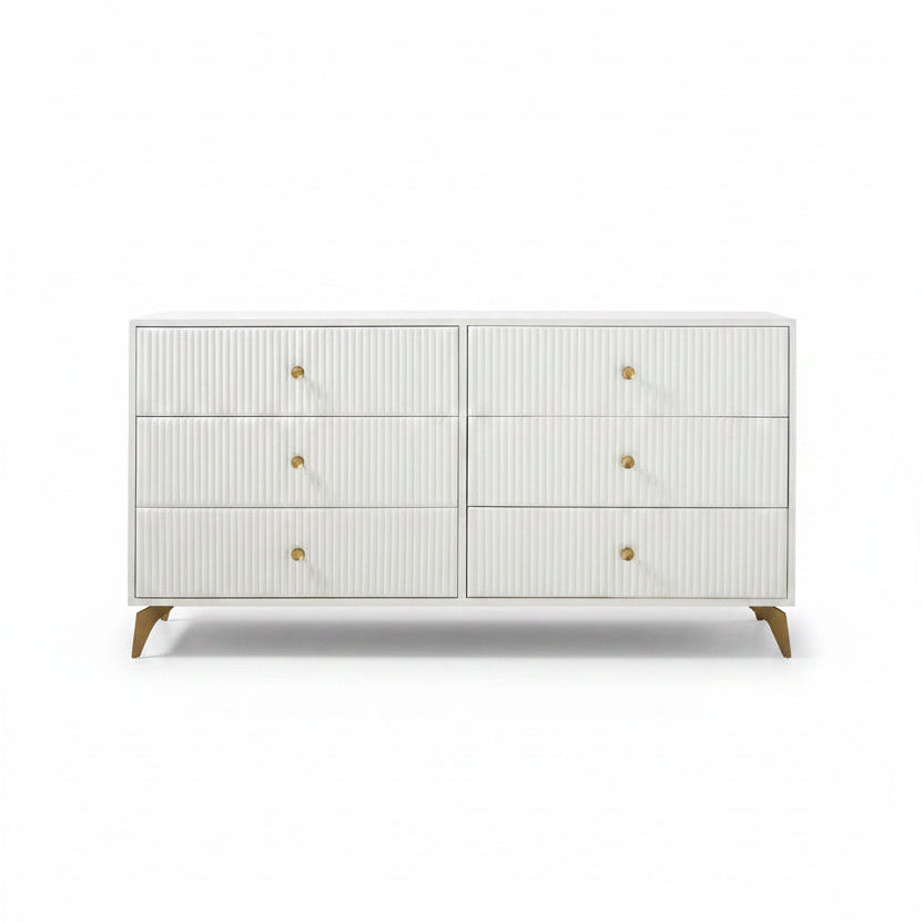 White leather ribbed dresser with brass accents