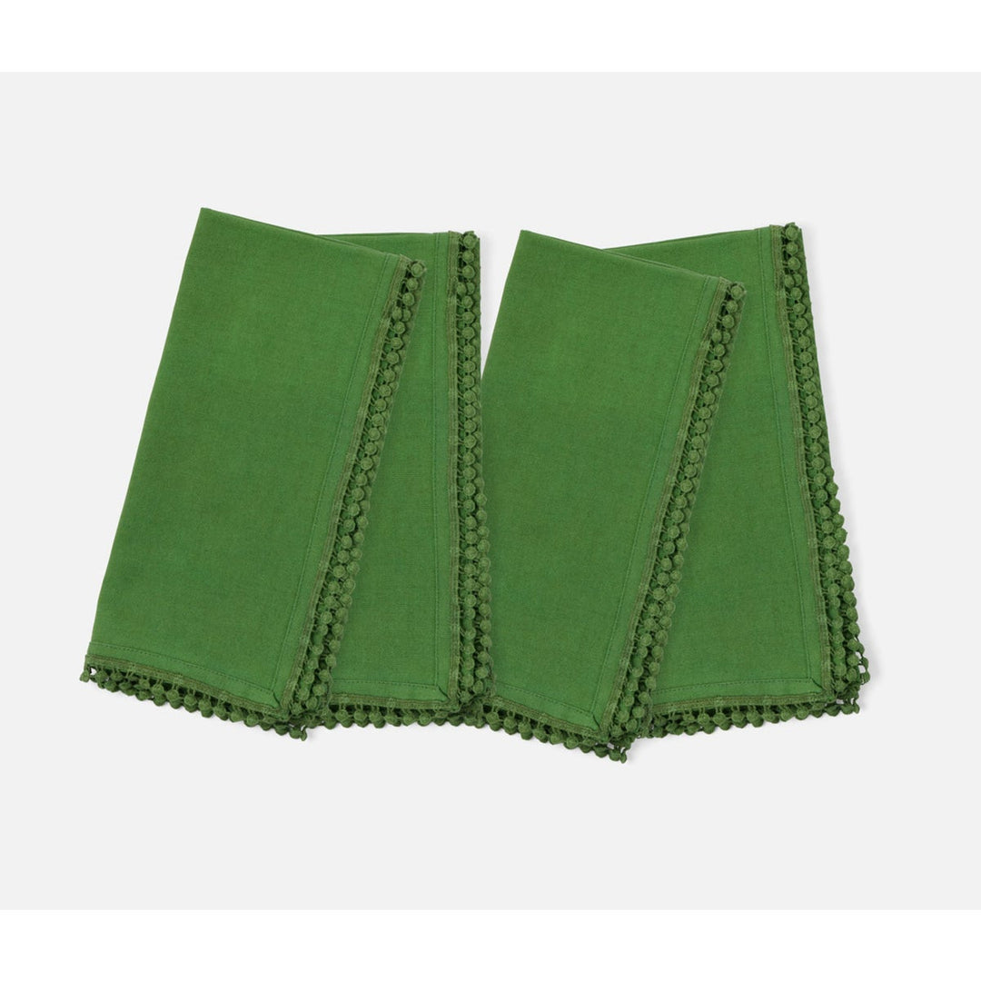 Margot Ivy Green Pom Pom Border Cocktail Napkin Cotton Canvas 11X11 Pack/4