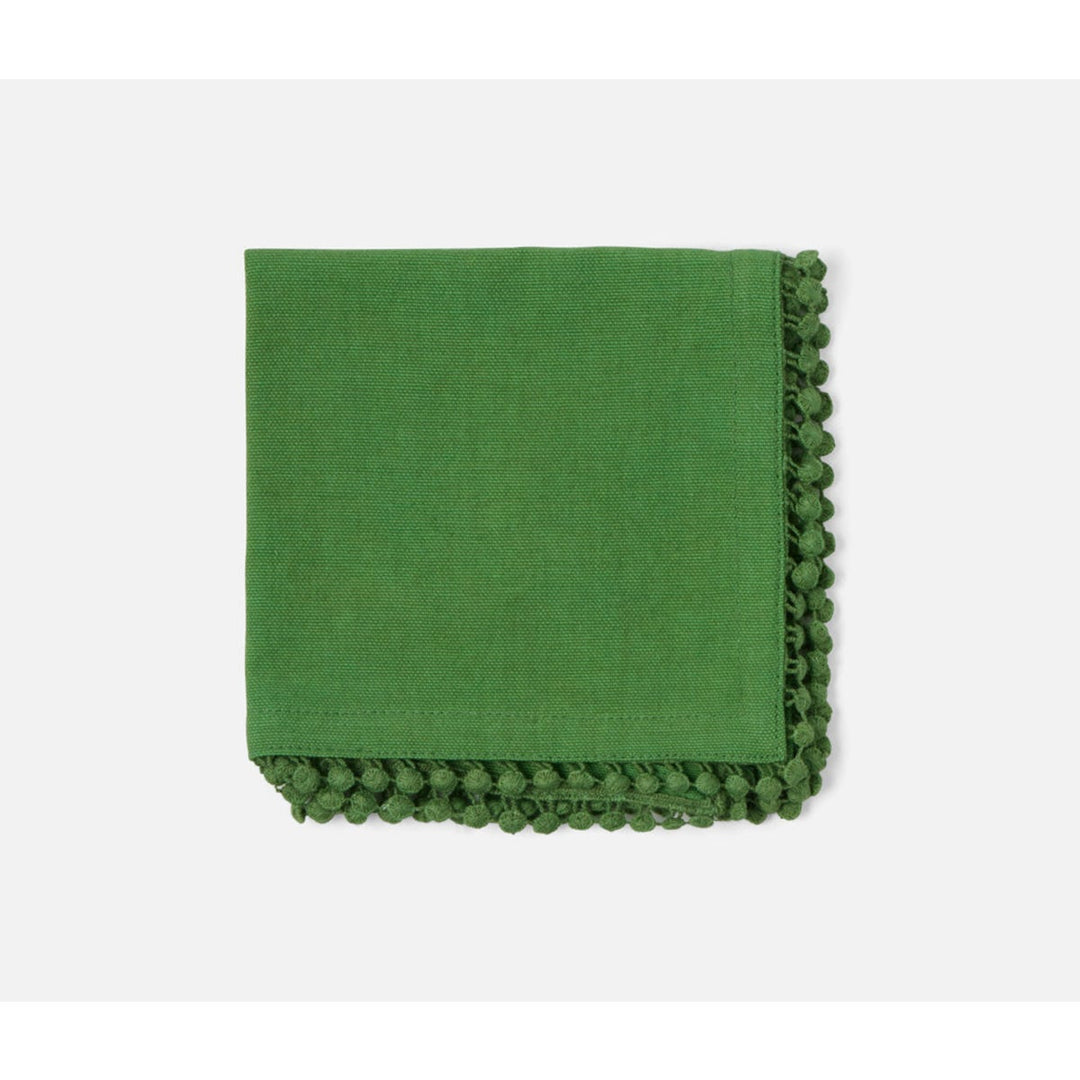 Margot Ivy Green Pom Pom Border Napkin Cotton Canvas 22X22 Pack/4