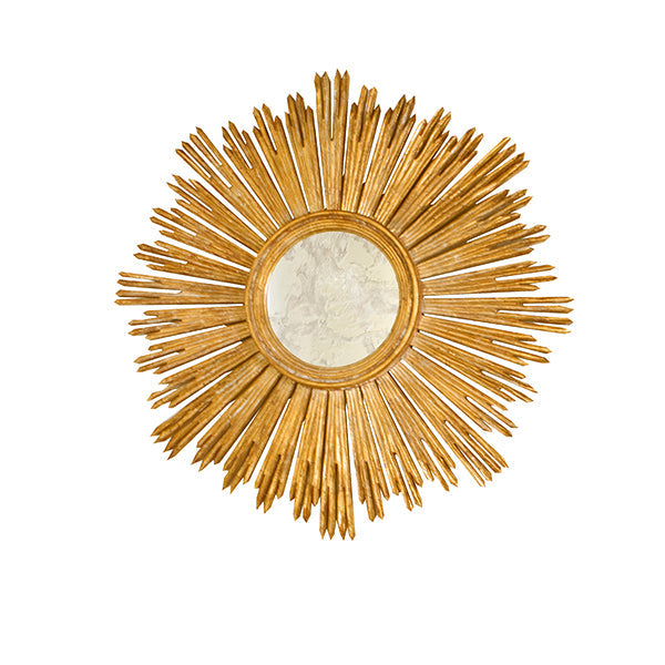 Margeaux, shown in gold with wood, gold leaf, and central round mirror glass.