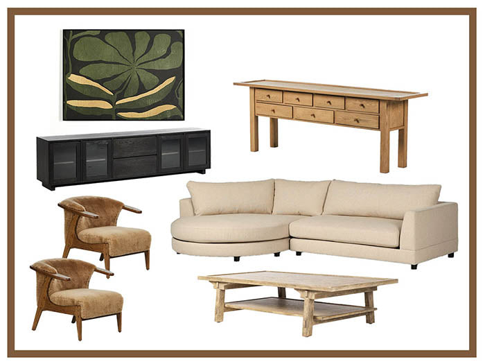 Mood board featuring a coffee table, lounge chairs and botanical artwork.