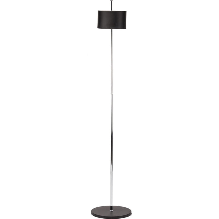 Nuevo Minsk Floor Lamp with black drum shade, silver-tone stem and round black base