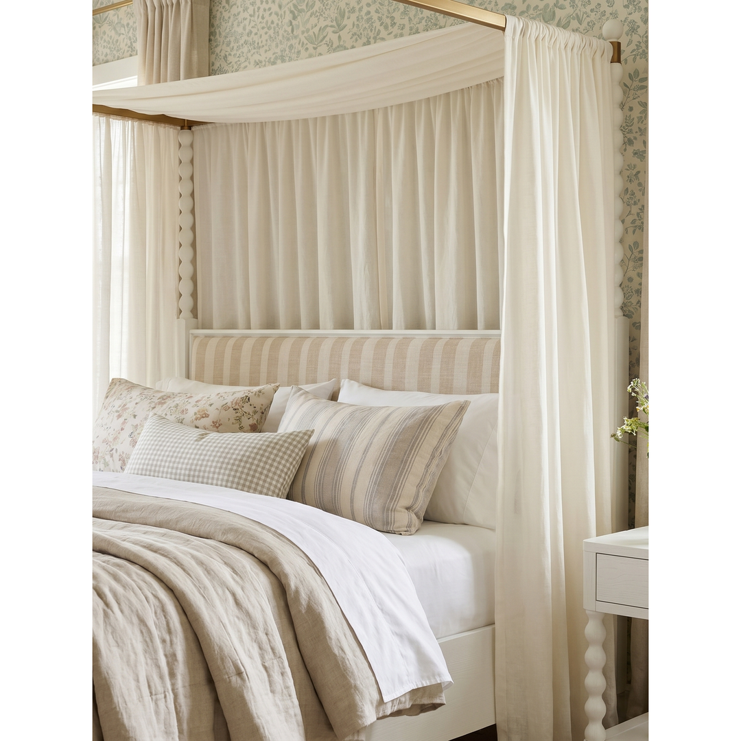 Haven King Upholstered Canopy Poster Bed — Warm White