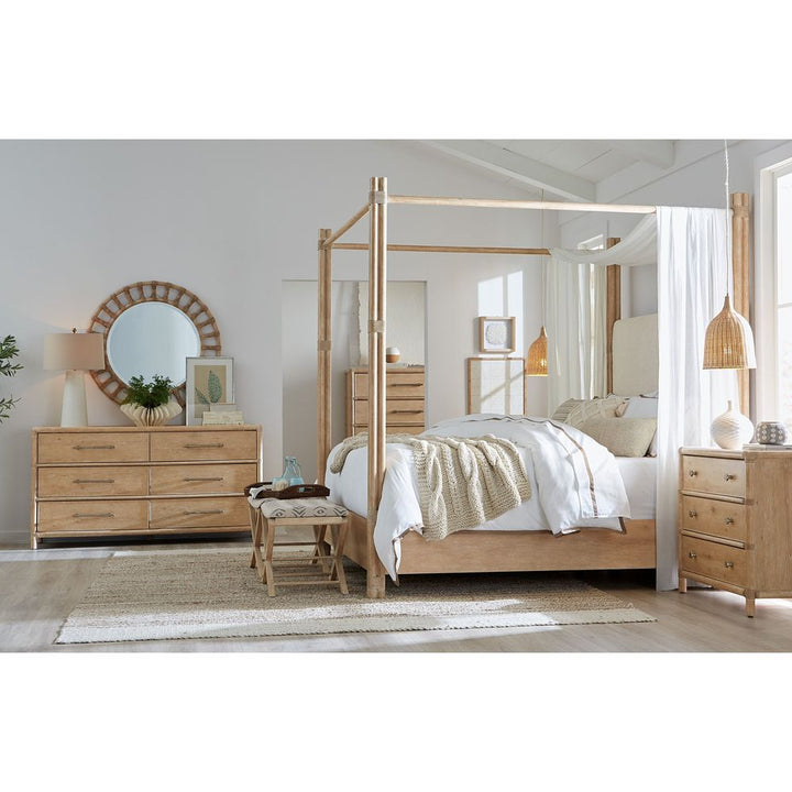Beds Solace Pole Rattan King Upholstered Poster Bed with Canopy - Light Wood