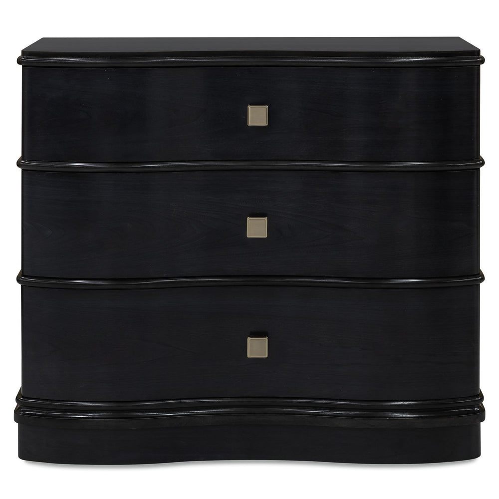 Alternate view of Melange Midnight Merlot Accent Chest, featuring glossy lacquer, wood, metal, and three full-width drawers.