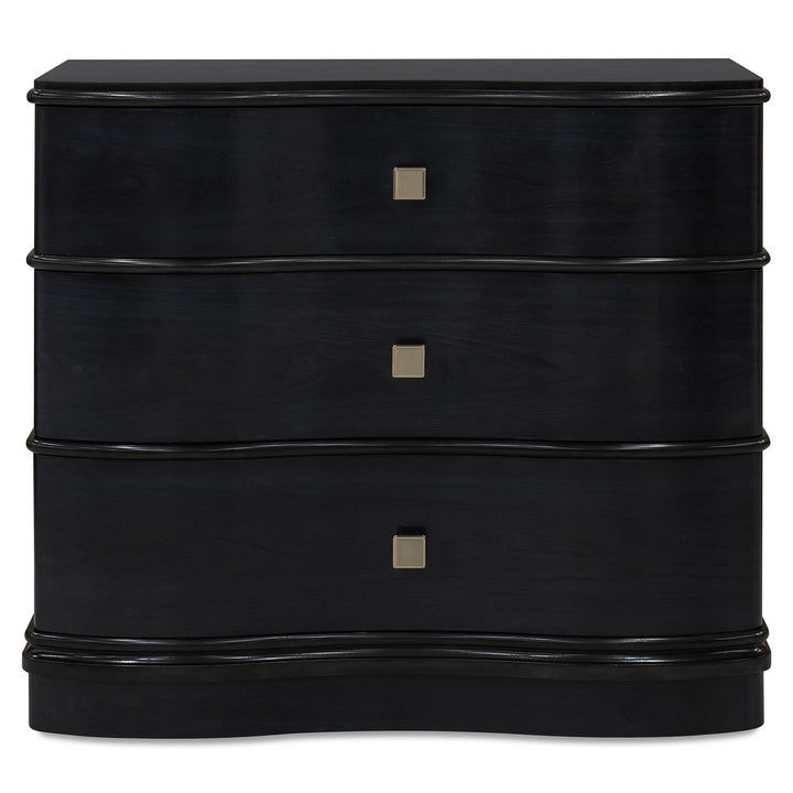 Alternate view of Melange Midnight Merlot Accent Chest, featuring glossy lacquer, wood, metal, and three full-width drawers.