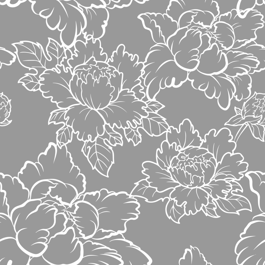 Additional view of Peony Wallpaper, showing oversized repeating peony floral outline motif in gray and white.