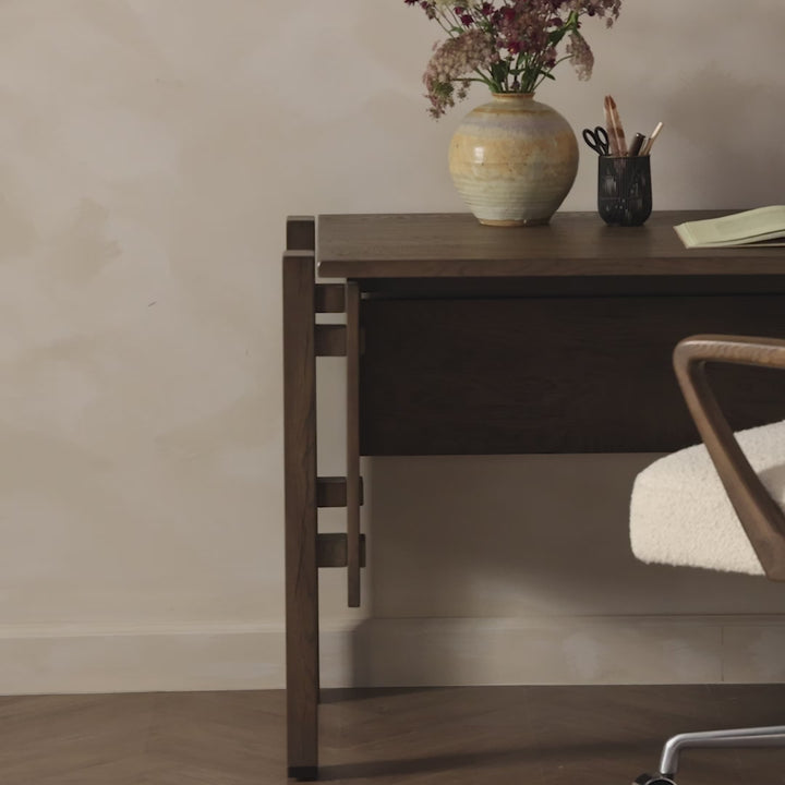 Maeve Desk - Grey Reclaimed French Oak - Grey, Brass