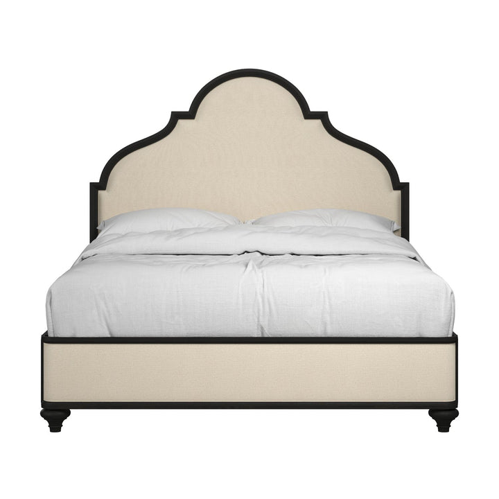 Atrium Upholstered King Bed — hand rubbed black with undertones of brown