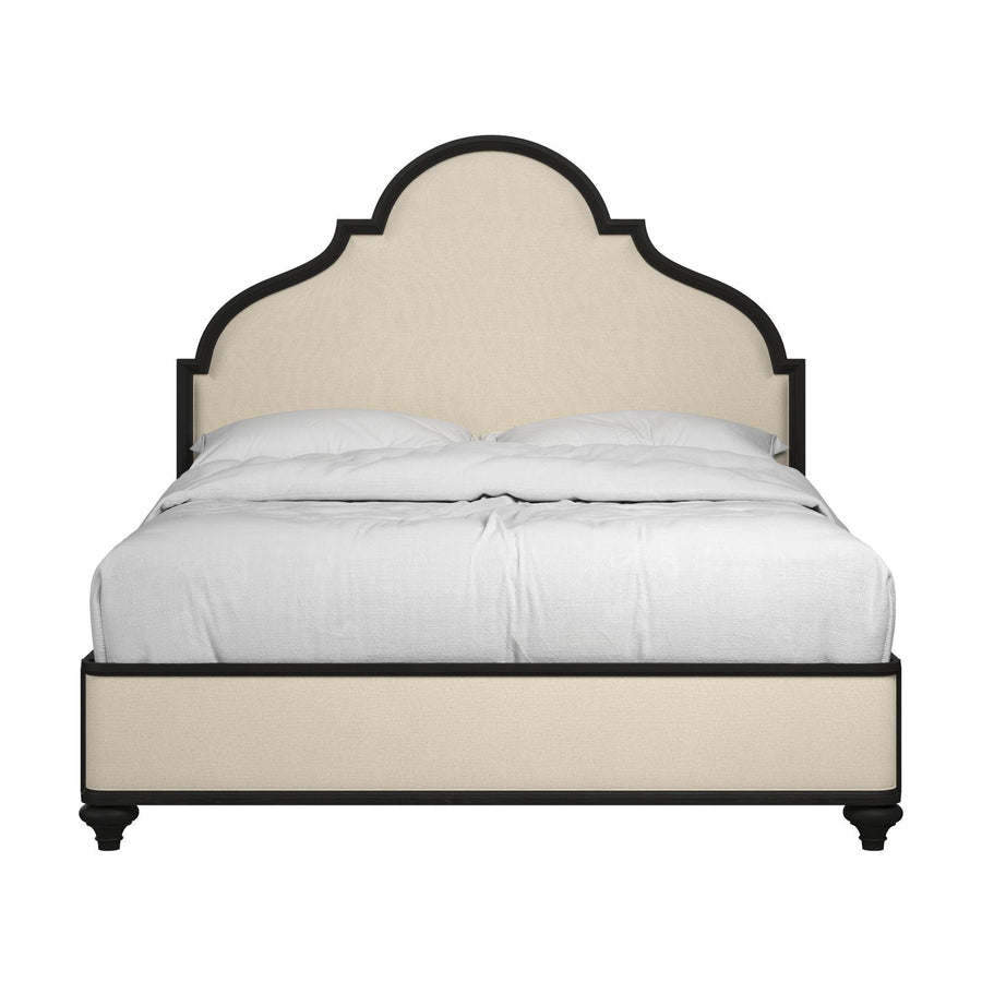 Atrium Upholstered King Bed — hand rubbed black with undertones of brown