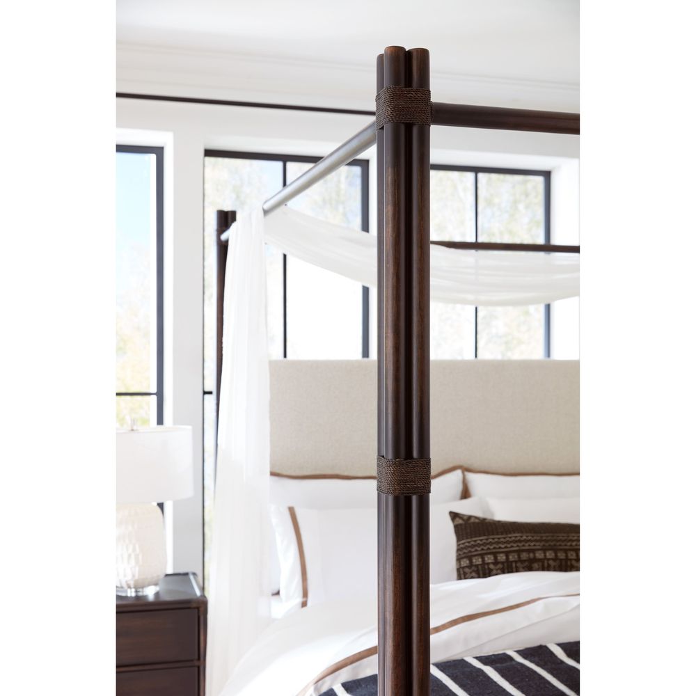 Beds Solace Pole Rattan Cal King Upholstered Poster Bed with Canopy - Dark Wood