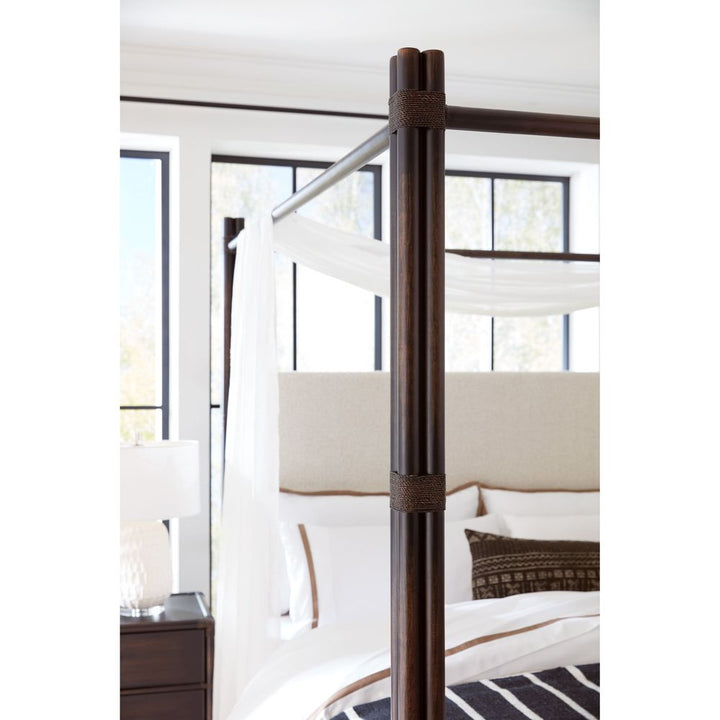 Beds Solace Pole Rattan Cal King Upholstered Poster Bed with Canopy - Dark Wood