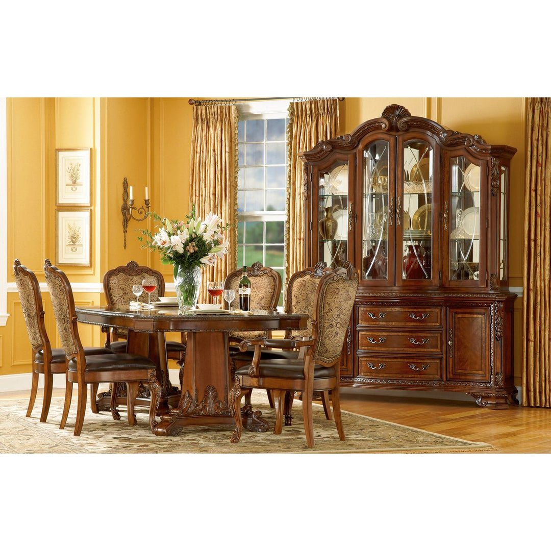 Old World Dining 7pc Pedestal Dining Table with Upholstered Chair Set - Brown