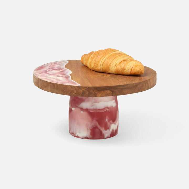 Austin Pink Swirled Cake Stand Resin/Natural Teak Large